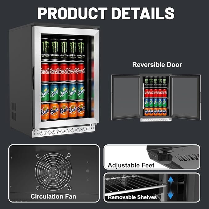 20 Inch Under Counter Beverage Fridge with Glass Door, Beverage Refrigerator Cooler 120 Can,Built in or Freestanding,Fast Cooling,Quiet ≤39 dBs,Blue LED Light Cooler for Bar, Home, Office