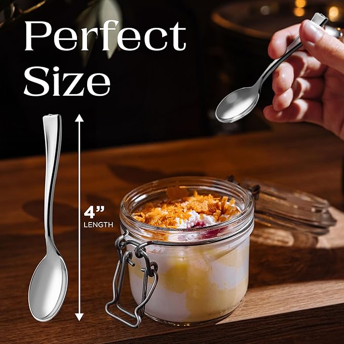 Posh Setting - Plastic Mini Spoons, Silver Mini Spoons, Silver Plastic Mini Dessert Spoons, Disposable Tiny Silver Spoons, 4 inch Mini Spoons for Appetizers, Taster Spoons, Ice Cream Spoons (80 Pack)
