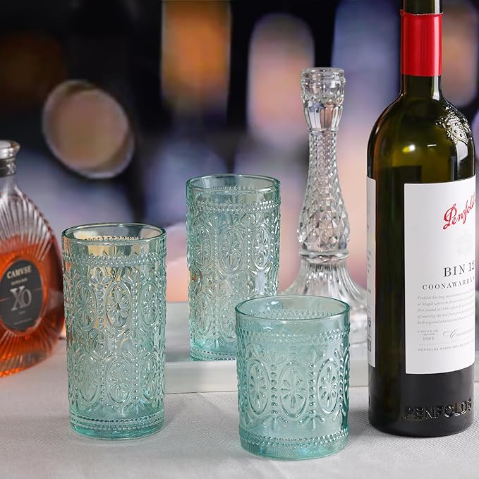 6 Pack Highball Embossed Beverage Glass Cup, 12oz Green Glassware Drinking, Vintage Drinking Glasses, Colored Water Glasses for Party Wedding Home Office and Gift