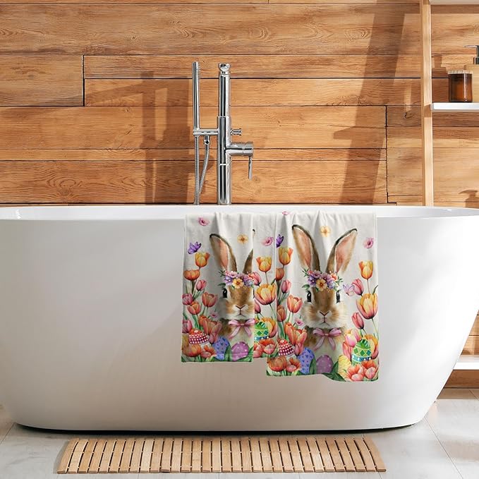 Imiss Rabbit Hand Towels 2 Pcs Spring Tulip Flowers Cute Bunny Holiday Decoration Guest Towel 14.4 x 28.3 Inch Easter Kitchen Dish Towel for Bathroom,Gym,Spa,Hotel Decor