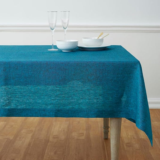 Solino Home Linen Tablecloth 60 x 120 Inch - 100% Pure Linen Chambray Teal Table Cloth for Rectangle Tables - Athena, Machine Washable Tablecloth