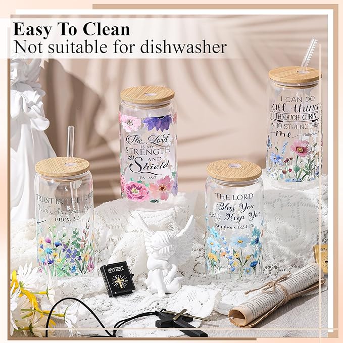 Mumufy 4 Pcs Christian Gifts for Women Set Bible Verse 16oz Glass Tumblers with Straw, Inspirational Prayer Affirmation Cups, Religious & Spiritual Gift for Mom Wife Sister or Friends for Christmas