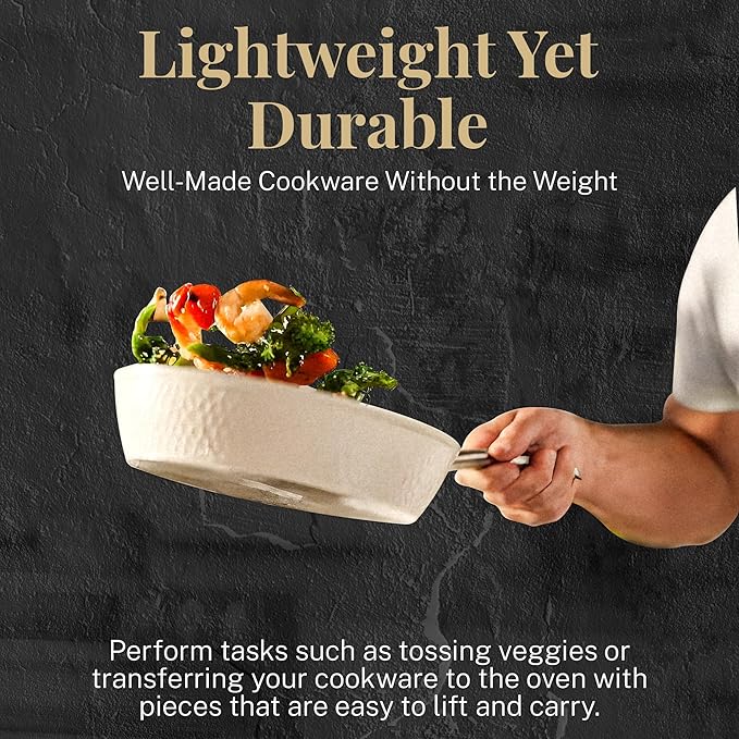 Gotham Steel Hammered 15Pcs Ceramic Cookware Set Nonstick, Induction Pots and Pans Set Non Stick with Bakeware Set & Steamer for Cooking, Non Toxic PFOA PFOS Free, Oven & Dishwasher Safe, Cream White