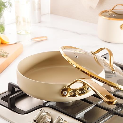 bloomhouse - Two Time Oprah's Favorite Things Winner - 10 Inch Heavy Duty Aluminum Premium PFA Free Ceramic Nonstick Saute/Deep Frying Pan Skillet with Lid - Almond Cream w/Gold Handle