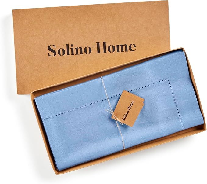 Solino Home Linen Cornflower Blue Tablecloth 52 x 52 Inch - 100% Pure Linen Square Table Throw - Classic Hemstitch, Machine Washable Table Cloth for Holiday, New Year