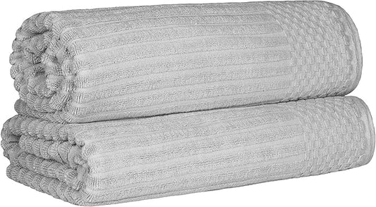 Cotton 2-Piece Solid and Ribbed Bath Sheet Set, Bath Sheets- 34" x 68", Silver by Superior
