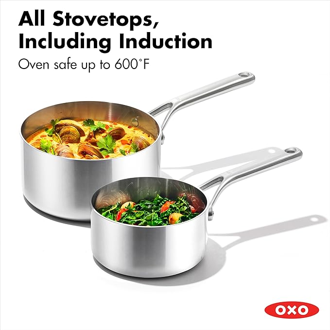 OXO Mira Tri-ply Stainless Steel, 10 Piece Cookware Pots and Pans Set, Skillets, Saute, Saucepans, Lids,Incl Ceramic Nonstick Frying Pan,Induction,Multi Clad,Metal Utensil Safe,Dishwasher & Oven Safe