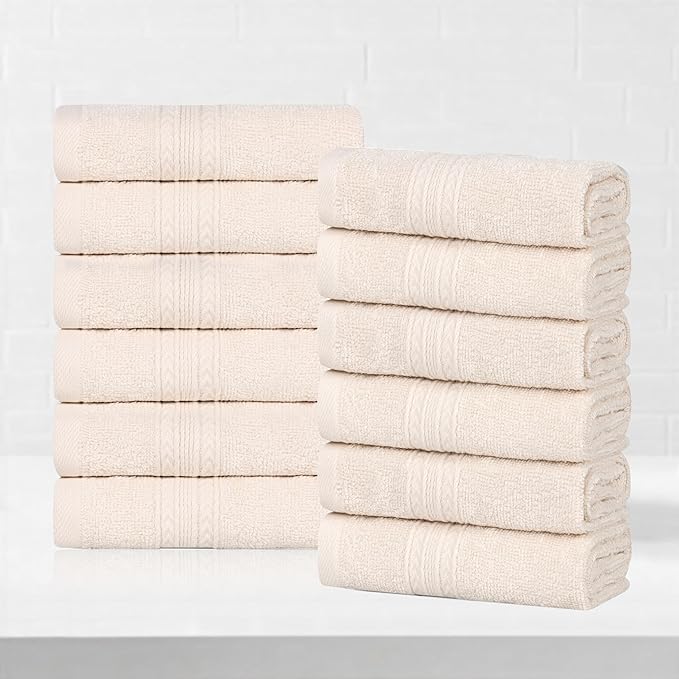 Superior Eco-Friendly Cotton 12-Piece Face Towel/Washcloth Set, Small, Fast Drying Towels for Face, Spa, Resort, Hotel, Hand, Shower, Guest Bathroom, Home, Airbnb, Apartment Essentials, Ivory