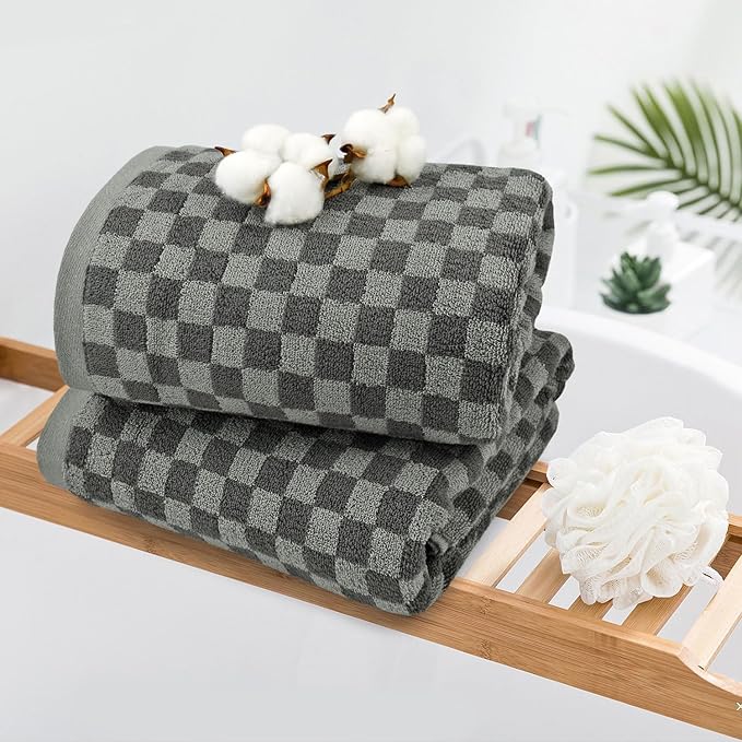 Jacquotha Pack of 2 Cotton Bath Towels (Grey Checkered), Ultral Soft Shower Towels Bathroom Essentials Large Size 54” x 28”, Luxury Medium Thickness Comfort