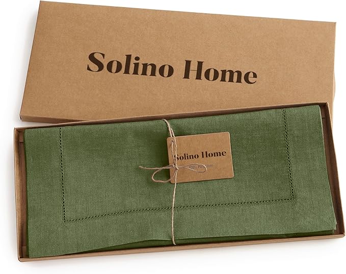 Solino Home Olive Linen Table Runner 156 Inches Long - 100% Pure Linen Classic Hemstitch Table Runner 14 x 156 Inch for Wedding, Parties, New Year