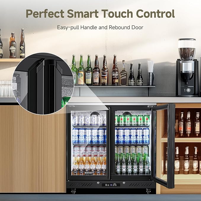 BODEGACOOLER Back Bar Cooler with 2 Glass Doors,7.7Cu.ft Commercial Bar Beverage Refrigerator Under Counter LED Lighting for Soda Drinks,Beer,Wine with Stainless Steel Top,DOE Approved,4 Casters