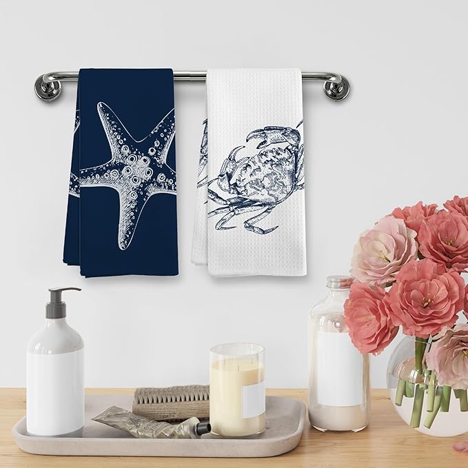 Coastal Blue Crab Starfish Bathroom Hand Towels Sets of 2, Nautical Beachy Ocean Theme Bathroom Decor Accessories, Coastal Beach Navy Blue Decor Kitchen Dish Tea Towels for Kitchen, 16x24Inch