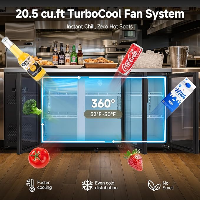 BODEGA BODEGACOOLER Commercial Bar Cooler with 3 Glass Doors, 20.5 Cu.Ft Back Bar Beverage Refrigerator for Beer Soda Wine,LED Lighting With Stainless Steel Top,Casters Kitchen Buffet Table Use