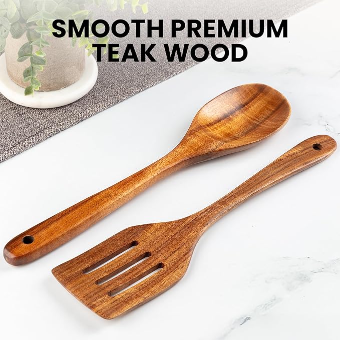 Zulay Kitchen Teak Wood Utensil Set – 2 Piece Large Wooden Cooking Spoon and Slotted Turner, Handcrafted Natural Teak Wood Kitchen Utensils, Durable, Nonstick Safe & Smooth Finish