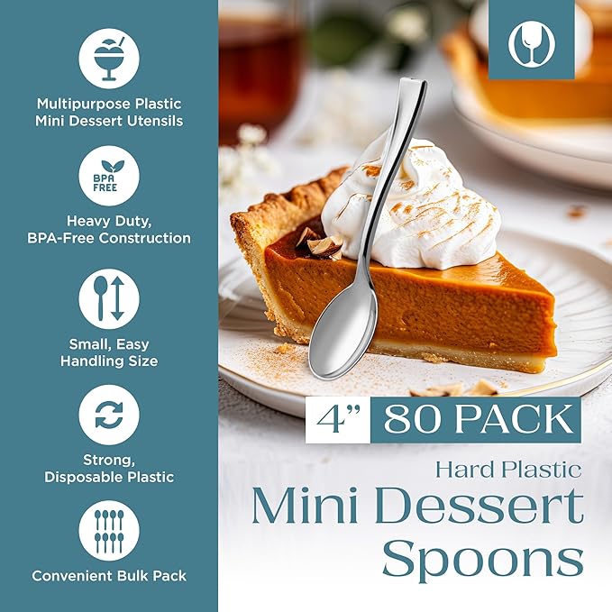 Posh Setting - Plastic Mini Spoons, Silver Mini Spoons, Silver Plastic Mini Dessert Spoons, Disposable Tiny Silver Spoons, 4 inch Mini Spoons for Appetizers, Taster Spoons, Ice Cream Spoons (80 Pack)