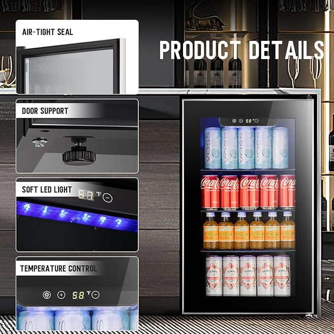 Antarctic Star Beverage Refrigerator Cooler ETL Approved - 95 Can Mini Fridge Glass Door for Soda Beer Wine, 32-61℉, Quiet Compressor, Removable Shelves for Home, Office or Bar, 2.3 cu.ft