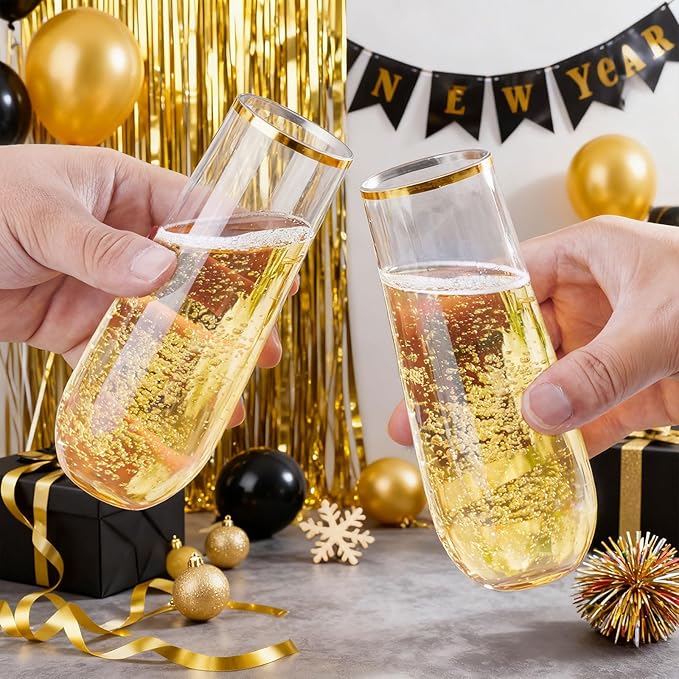 Ciaell 24 Pack Gold Plastic Champagne Flutes - 9 Oz Disposable Champagne Glasses - Stemless Mimosa Glass for Parties & Weddings & Birthdays & Christmas