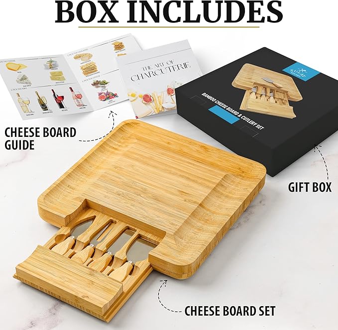Zulay Kitchen Premium Bamboo Cheese Board Set - Extra Thick Bamboo Charcuterie Board Set with 4 Piece Knife Set - Wooden Cheese Board, Perfect for Charcuterie, Wine & Cheese - Charcuterie Gift Set
