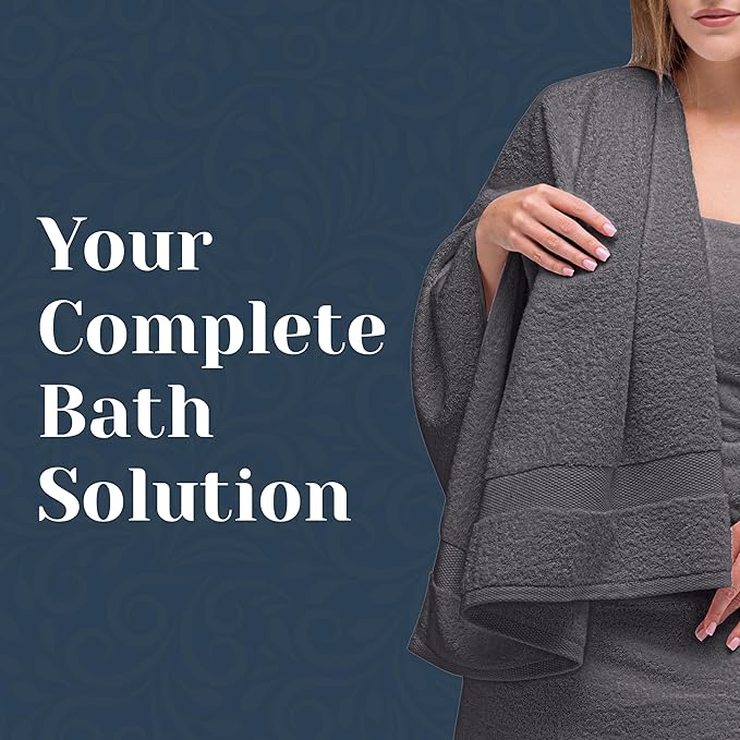 White Classic Luxury Bath Towel Set of 8 Pieces - 100% Turkish Cotton Highly Absorbent Towels for Bathroom, 2 Luxury Bath Towels 700GSM, 2 Hand Towels, 4 Washcloths, Dark Gray