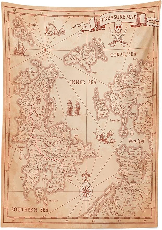 Ambesonne Island Map Tablecloth, Detailed Treasure Map with Unique Nautical Discovery Exploration Theme Print, Rectangular Table Cover for Dining Room Kitchen Decor, 60" X 90", Beige