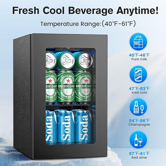 24 Cans Beverage Refrigerator Cooler, Mini Fridge Countertop Drink Cooler for Soda, Canned Beer, Adjustable Digital Temperature Control for Home Dorm Office, Black
