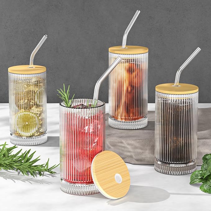 15 Oz Glass Cups with Straws, Vintage Glassware for Whiskey Cocktail Beer, Iced Coffee Cups and Drinking Glassare (4 PACK)