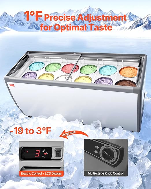 VEVOR Commercial Ice Cream Display Case, 20 Cu.ft Chest Freezer, Restaurant Gelato Dipping Cabinet Top Deep Freezer with Locking Casters, Sliding Glass Door, LED Lighting, Hold 12 Ice Cream Tubs