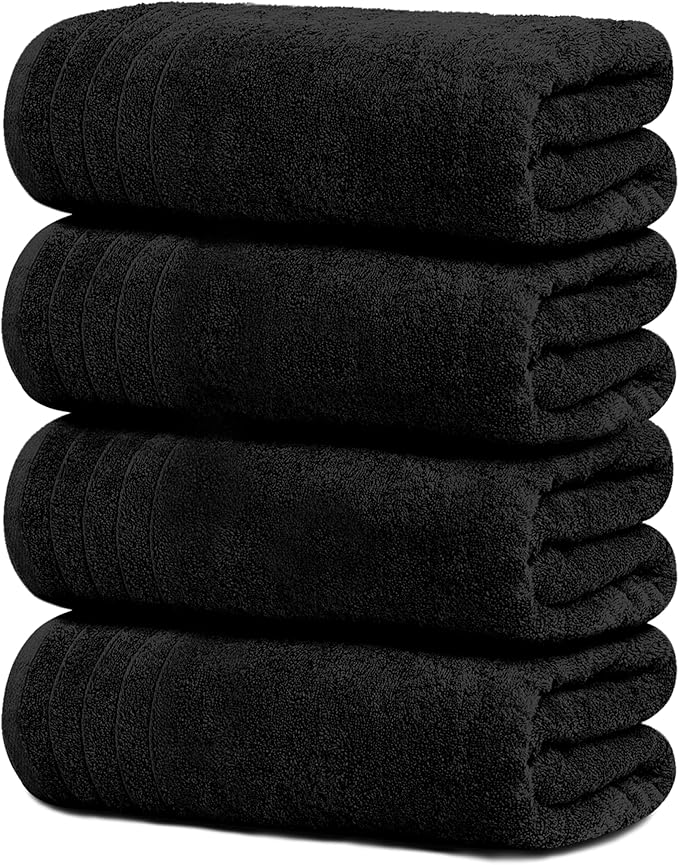 Tens Towels Pack of 4 Extra Large Bath Towels 30 x 60 Inches, 100% Cotton, Larger & Lighter Weight, Quicker to Dry, Super Soft and Absorbent, Perfect for Bathroom, Black