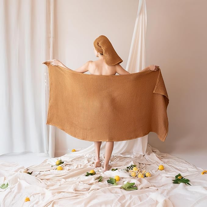 2-Piece Waffle Towels Set for Bathroom Caamel Brown - Soft 100% Turkish Cotton Quick-Dry Lint-Free Waffle Weave Thin Bath and Hand Towels (Caramel, Set of 2 Mix Towels)