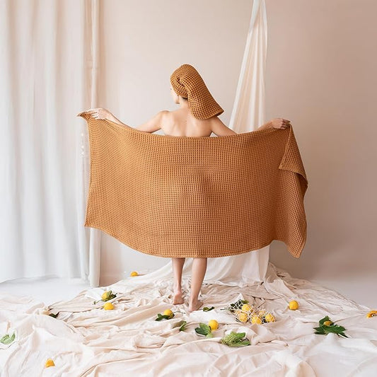 2-Piece Waffle Towels Set for Bathroom Caamel Brown - Soft 100% Turkish Cotton Quick-Dry Lint-Free Waffle Weave Thin Bath and Hand Towels (Caramel, Set of 2 Mix Towels)