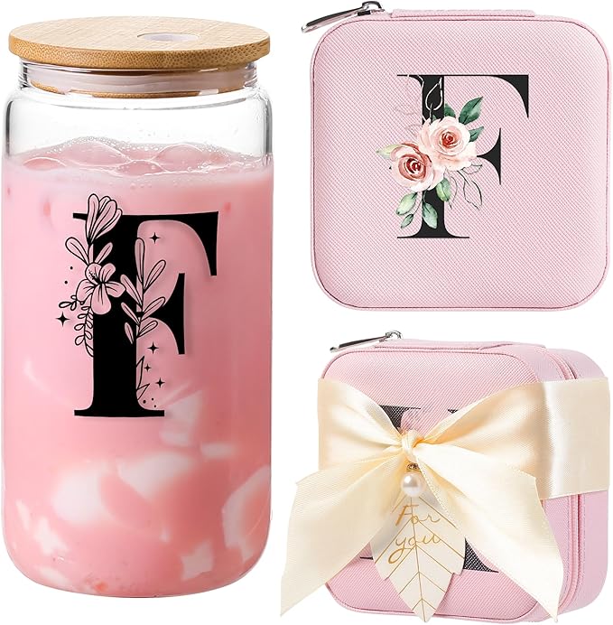 AYGXU Bridesmaid proposal gifts,Travel Initial Jewelry Box for Girls,Travel Jewelry Case,Initial Glass Cup,Cute Tumbler Cup,Small Jewelry Organizer for Teen Girls Gifts,Initial F pink