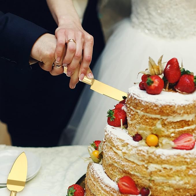 Wedding Cake Knife and Server Set, Cake Cutter and Pie Spatula, Cake Server and Knife Set of 2 with Plastic Handles, Titanium Gold Plated Blades, Cutting Set for Birthdays, and Parties (Glitter Gold)