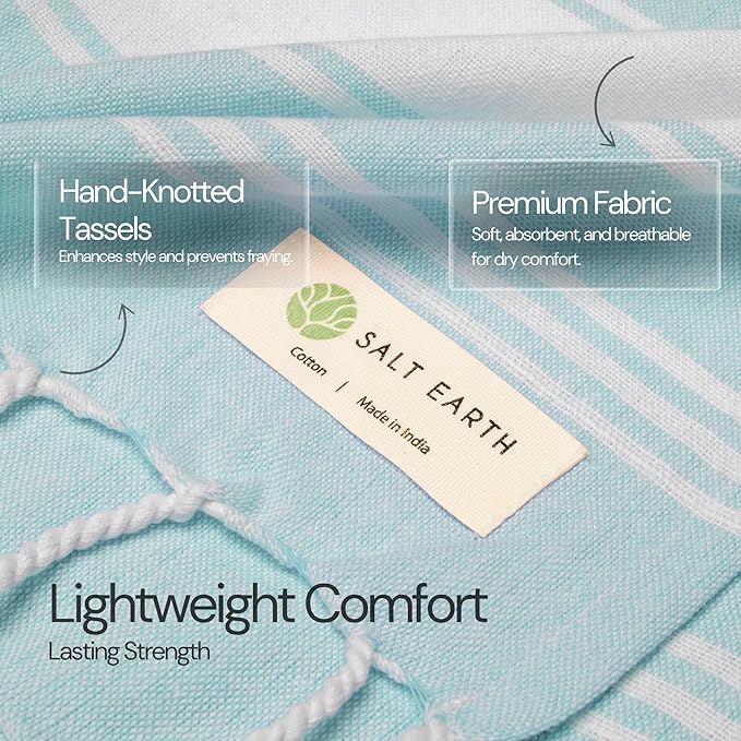 Salt Earth Cotton Turkish Beach Towel, Set of 2-36" X72" Large Bath Towels, Quick Dry Towel, Bathroom, Beach Essentials, Gym, Quick Dry for Shower, Lightweight Large Towels for All (Aqua)