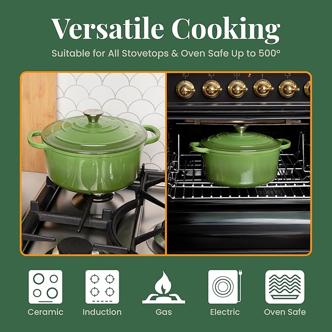 Larder & Vine Enameled Cast Iron 5.7qt Dutch Oven Pot with Lid | Bread Baking | Compatible on All Cooktops & Oven Safe to 500° F | Great for Sourdough Bread | Okra