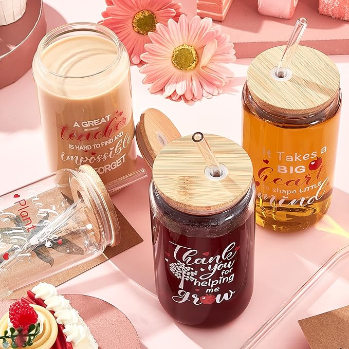 4 Pcs 16 oz Christmas Teacher Gifts for Women Teacher Appreciation Gifts Thank You Coffee Cup Tumbler Drinking Glass Beer Cups with Bamboo Lids Glass Straw Cleaning Brush for Employee Staff(Classic)