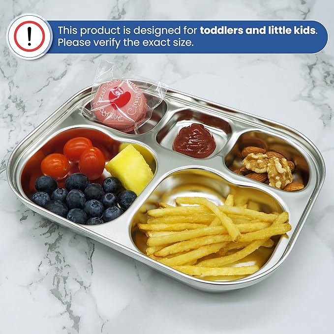 Korean Stainless Steel Divided Plates by KS&E, Little Kids Toddlers Babies small Tray, BPA Free, Diet Food Control, Compact Serving Platter, Snack, 5 Compartment Plate Silver, Set of 2