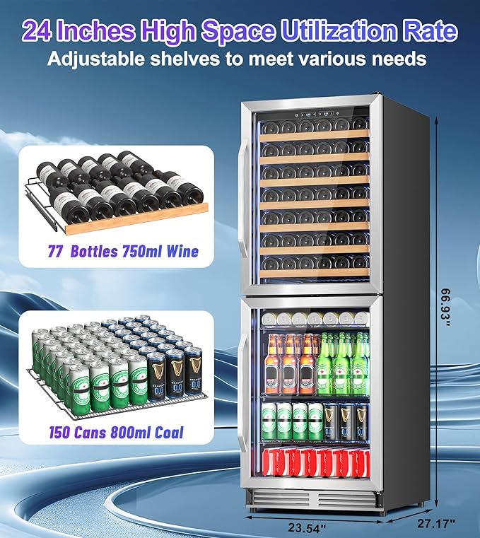 Wine Beverage Refrigerator with Double-Layer Temperature Zone, 24'' Large Capacity Built-in & Freestanding Wine Cooler Fridge for 154 Bottles, Wine and Beverage Fridge Combo for Home Kitchen Outdoor