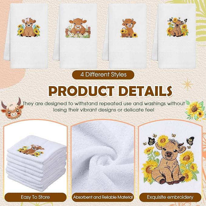 4 Pack Highland Cow Embroidered Towels with Sunflower Gifts Cotton 29.5" x 13.8" Farmhouse Country Hand Towels Absorbent Soft Kitchen Dish Cloths Bathroom Rustic Housewarming Party Decor