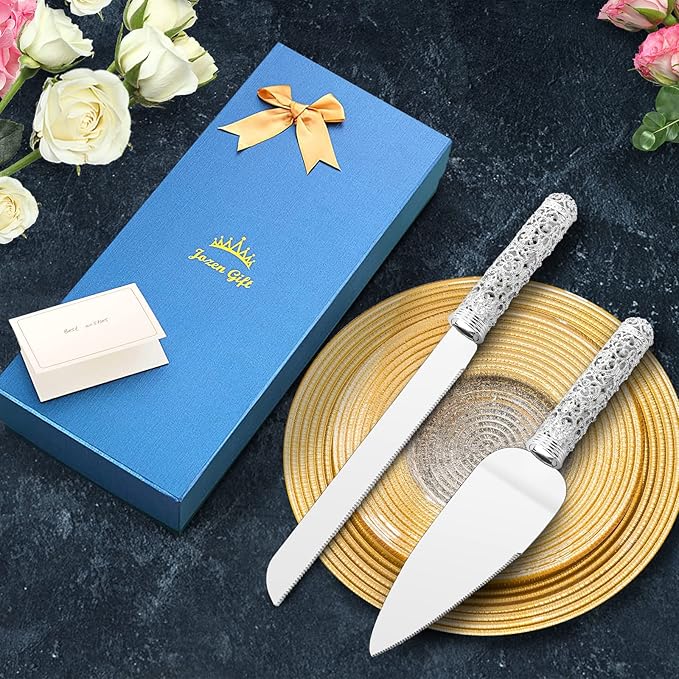 Wedding Silver Cake Knife and Server Set - 2 Pcs Dessert Set Metal Handle with Crystal Stones Decoration for Wedding, Anniversary Party Birthday Banquets,Gifts for Bride and Groom