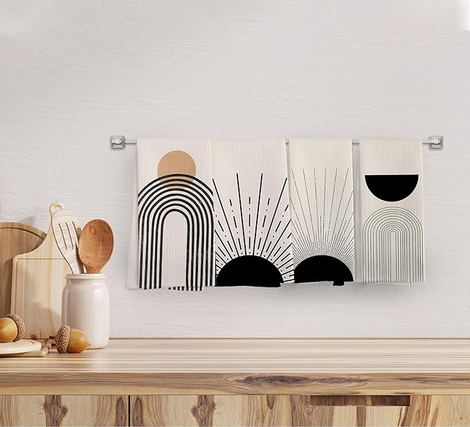Boho Abstract Kitchen Towels and Dishcloths Set of 4, Boho Hand Towels, Mid Century Modern Abstract Minimalist Sunshine Drying Cloth Hand Dish Tea Towel for Bathroom Kitchen, 16x24 Inches
