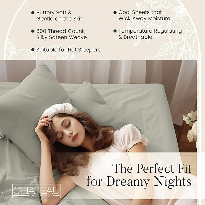 King Bed Sheets Deep Pocket King Sheet Set, 300 Thread Count Long Staple Fully Elasticated Organic Cotton Sheet & Pillowcase sets, Machine Wash No Pill Naturally Breathable Cotton Bedding- Sage