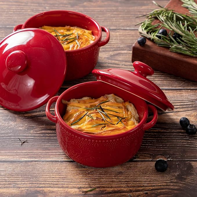 Mini Cocotte Set, 10 OZ Small Casserole Dishes with Lids, Ceramic Kitchen Casserole Sets With Handles, French Onion Soup Bowls, Soup Crocks for French Onion, Desserts, Beef Stew, Cereal, Pot Pies, Set of 4 (Red)