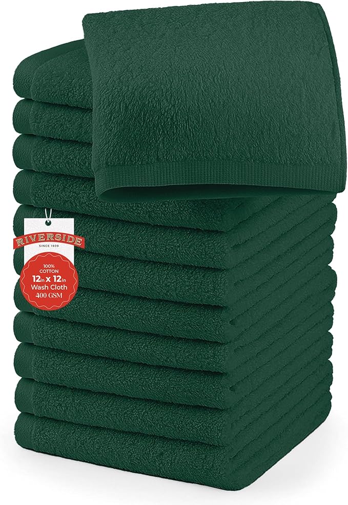 RIVERSIDE 12 Pack Washcloths - 12x12 Inches, 400 GSM, 100% Ring-Spun Cotton - Soft, Absorbent & Durable Face and Body Towels - for Bathroom, Spa, Gym, Makeup Removal & Everyday Use - Hunter Green