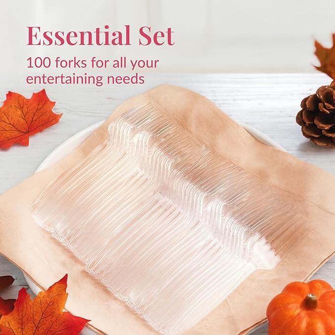 Prestee 100 Count Plastic Forks - Heavy Duty Forks Disposable for Parties, Events, and Catering - Crystal Clear Silverware and Durable Plastic Utensils Flatware Set for Weddings and Celebrations
