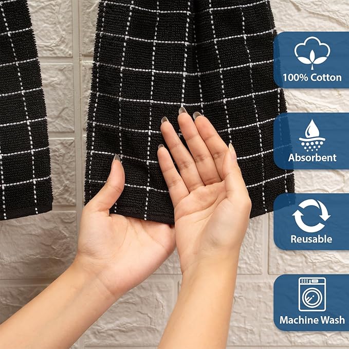 Blue Needles Hanging Kitchen Towels - Black 100% Cotton Solid Kitchen Tie Towel, Set of 2 Hand Dish Cloth with Hanging Loops 9 x 17 Inches, Absorbent, Super Soft, and Fast Drying Home Essential