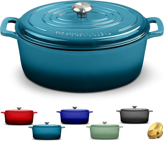 Signature Enameled Cast Iron Oval Dutch Oven | Non-Stick Serving Pot with Tight Fitting Lid for Perfect Roasting, Baking, Sauteing, and Bread Making | 15.5Q [Ocean Blue]