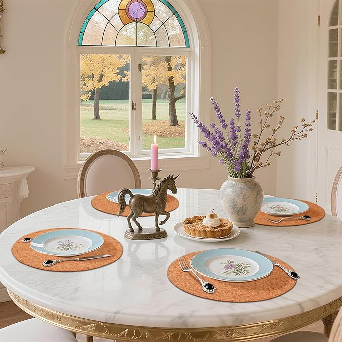 homing 15 Inch Round Cloth Placemats Set of 6, Cotton Linen Blend Washable Table Mats, Farmhouse Dining Place Mats for Indoors & Outdoors, Easy to Clean, Orange