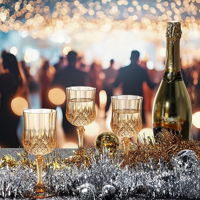 XUWAIDSGN 48 Pcs 7oz Plastic Vintage Wine Glasses Drinking Glasses Unbreakable Wedding Glassware Crystal Water Goblets Reusable Drinkware Vintage Champagne Flutes (48, Amber)