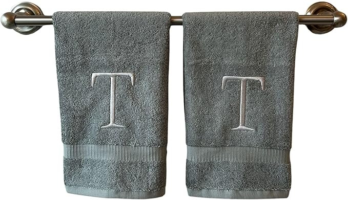 Gray Initial Hand Towel for Bathroom - Monogrammed Luxury Hotel Quality Decorative Embroidered Towel for Powder Room, Spa - GOTS Organic Certified - Set of 2 Silver Letter T