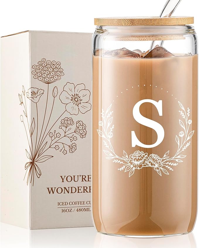 Personalized Gifts for Women, Monogrammed 16oz Glass Cups with Bamboo Lids and Straws, Customized Glass Tumbler, Cute Custom Mug, Customizable Initial Iced Coffee Glasses, Birthday Bridesmaid Mom, S